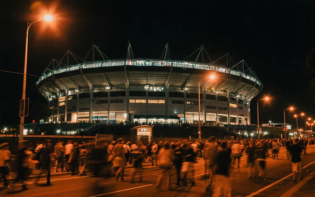 世界杯比赛夜的球场外，人群与灯光构成电影感街景