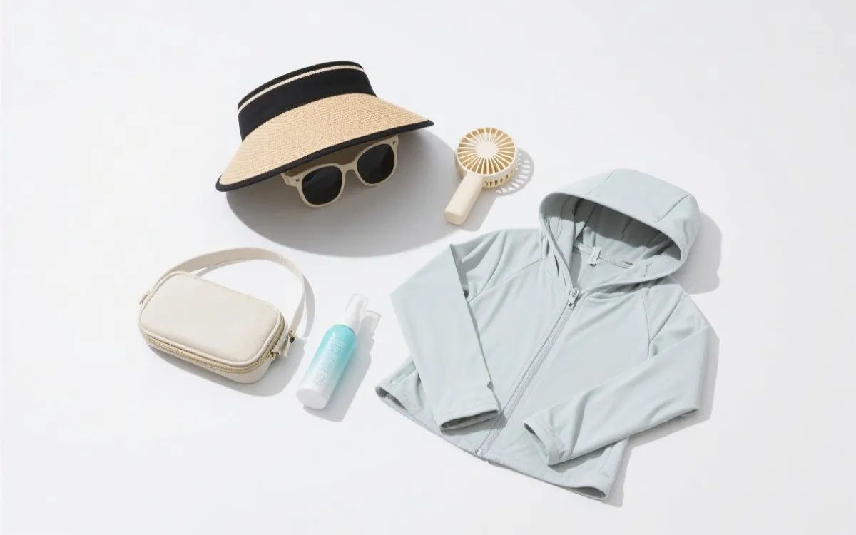 防晒单品平铺：帽子、墨镜、防晒衣、袖套、小风扇与喷雾，清爽配色，旅行便携风格