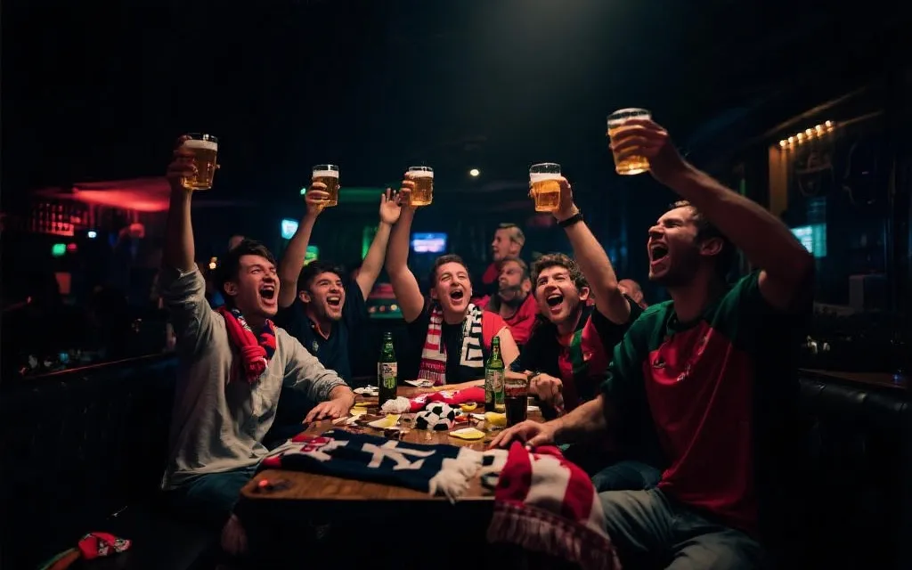 夜晚酒吧里球迷举杯欢呼，屏幕显示点球大战后的胜利瞬间