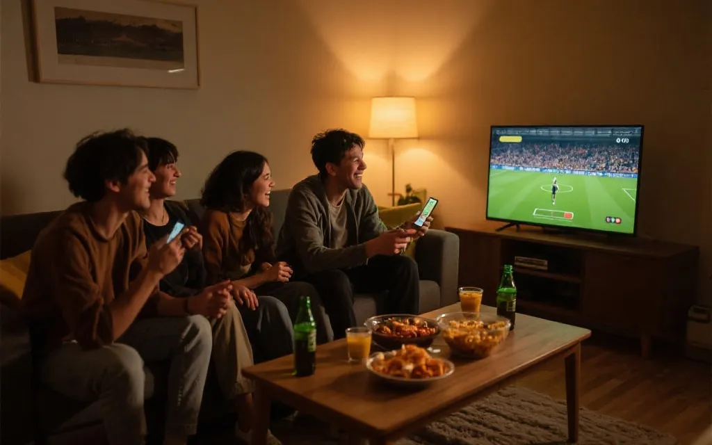 手机投屏到电视的客厅场景，朋友围坐沙发，桌上有零食与遥控器，氛围温暖